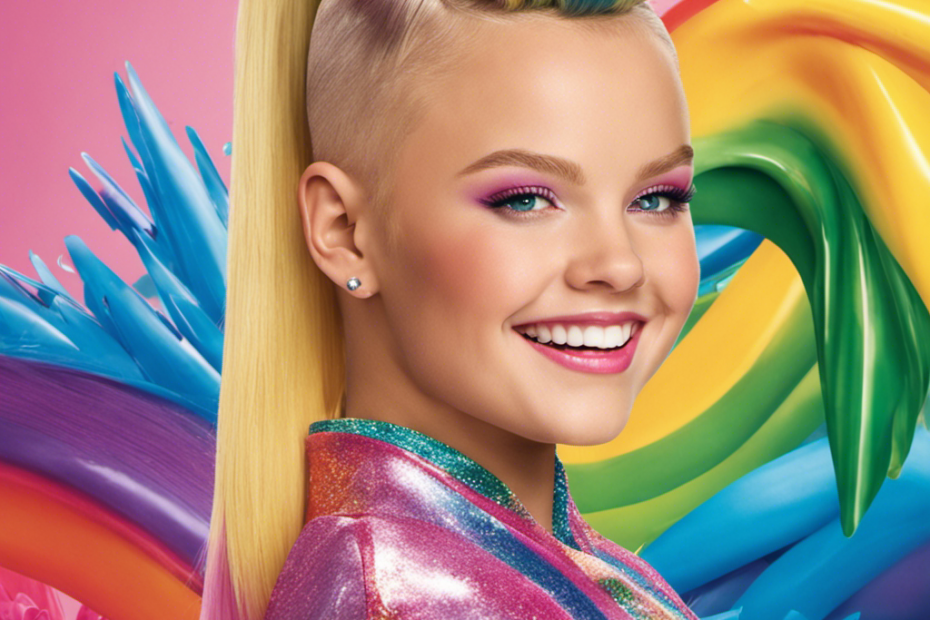 An image depicting Jojo Siwa's transformation: a vibrant, rainbow-colored mane cascading down her shoulders, gradually fading into a sleek, shimmering buzz cut, symbolizing her bold journey of self-discovery and embracing change