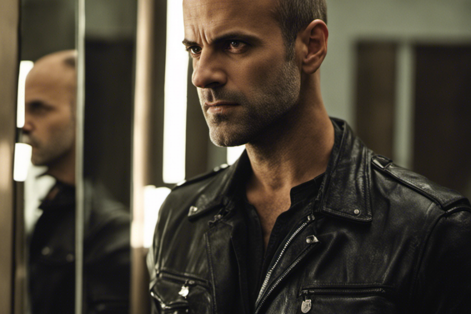An image of Jonny Lee Miller standing in front of a mirror, his expression reflecting a mix of determination and vulnerability, as he holds an electric razor to his head, showcasing his newly shaved scalp
