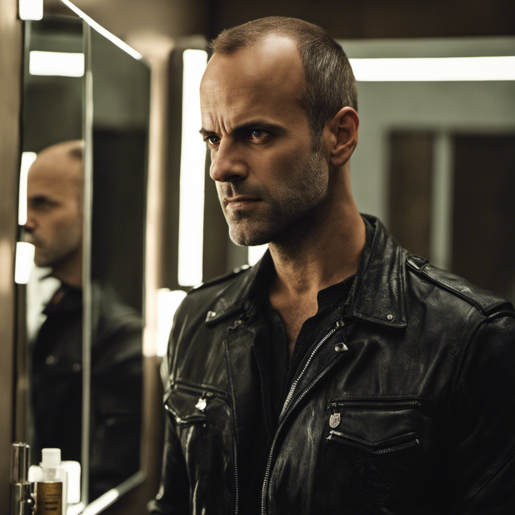 An image of Jonny Lee Miller standing in front of a mirror, his expression reflecting a mix of determination and vulnerability, as he holds an electric razor to his head, showcasing his newly shaved scalp