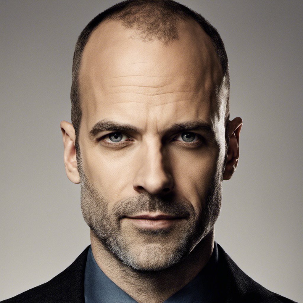 An image displaying Jonny Lee Miller's transformed appearance on Elementary: a close-up shot capturing his freshly shaved head, revealing intricate razor marks and a confident, determined expression
