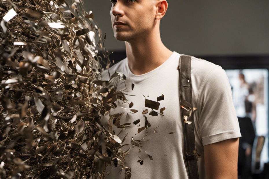 Create an image capturing Jonny Miller's transformation, featuring a mirror reflecting his freshly shaved head, surrounded by discarded hair clippings, while a glimmer of confidence shines through his eyes