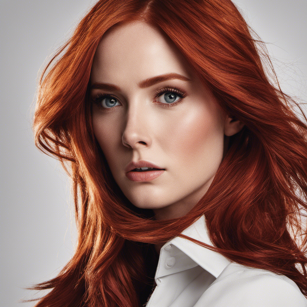 An image showcasing Karen Gillan's transformation, capturing the raw emotion as her vibrant red hair falls to the floor