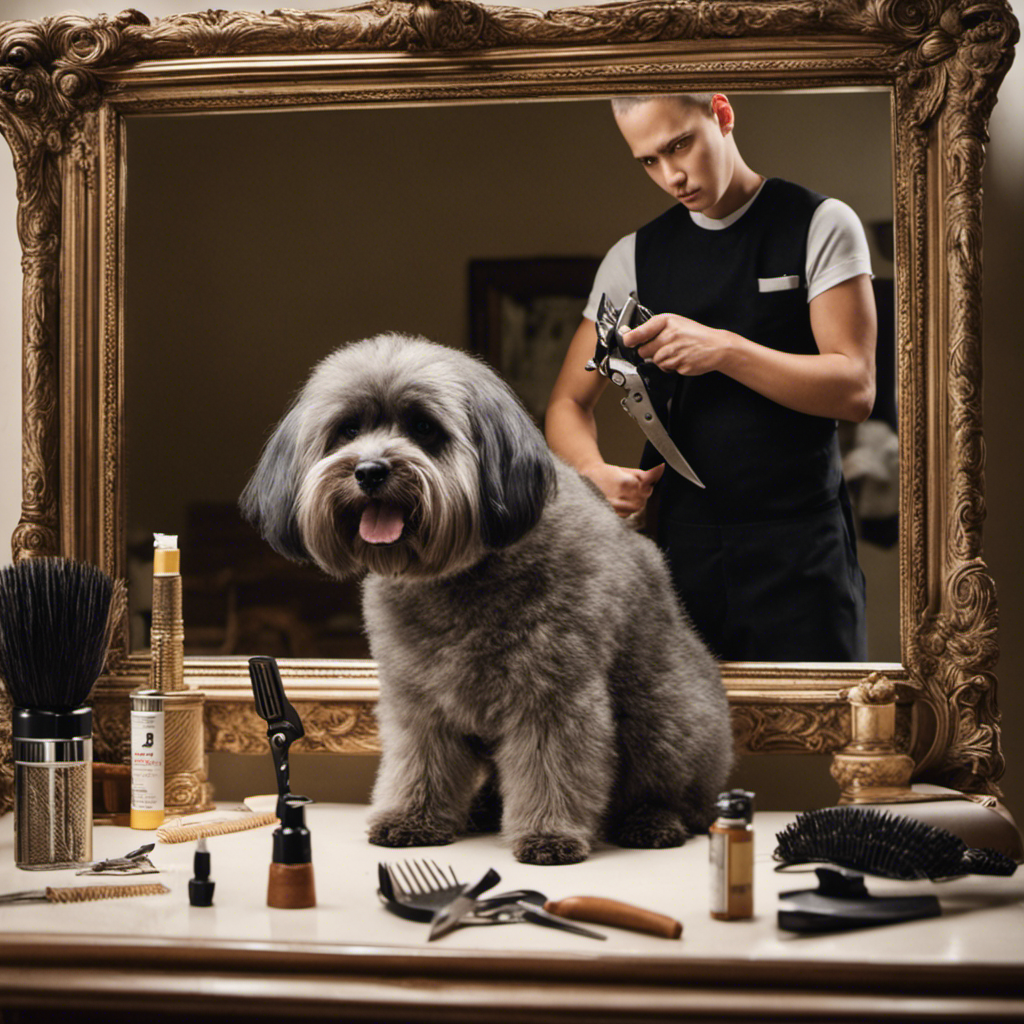An image of Kasper, standing in front of a mirror with clippers in hand, surrounded by a pile of shorn hair