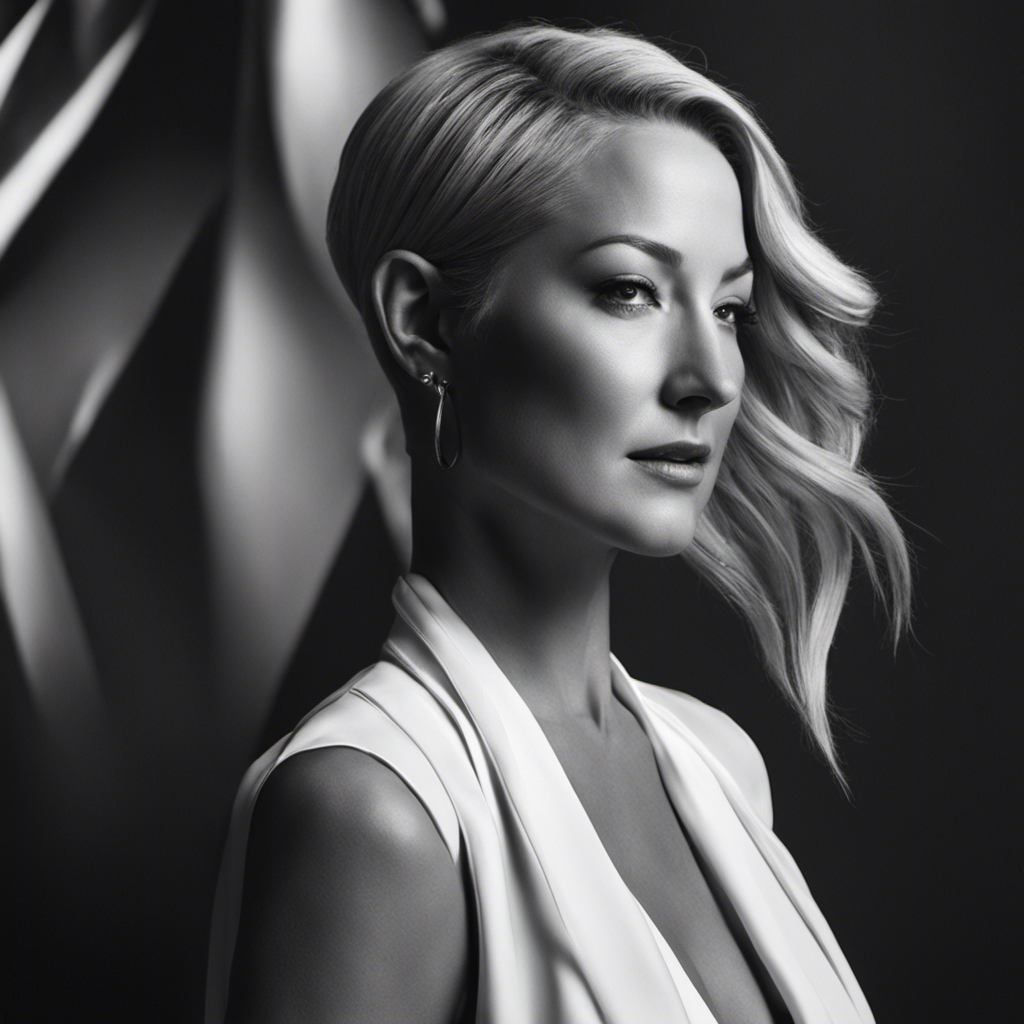 An image featuring Kate Hudson in black-and-white, with her newly shaved head glistening under a soft spotlight, capturing her confident and empowered expression as she embraces her bold transformation