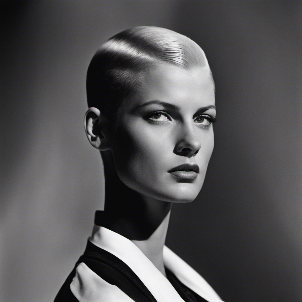 An image showcasing a black and white photograph of Lee Miller with a freshly shaved head
