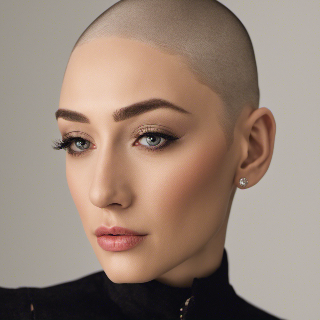 An image featuring a close-up shot of Lily Labeau's freshly shaved head, emphasizing the smooth, glistening scalp, with her expressive eyes reflecting a mix of vulnerability, strength, and determination