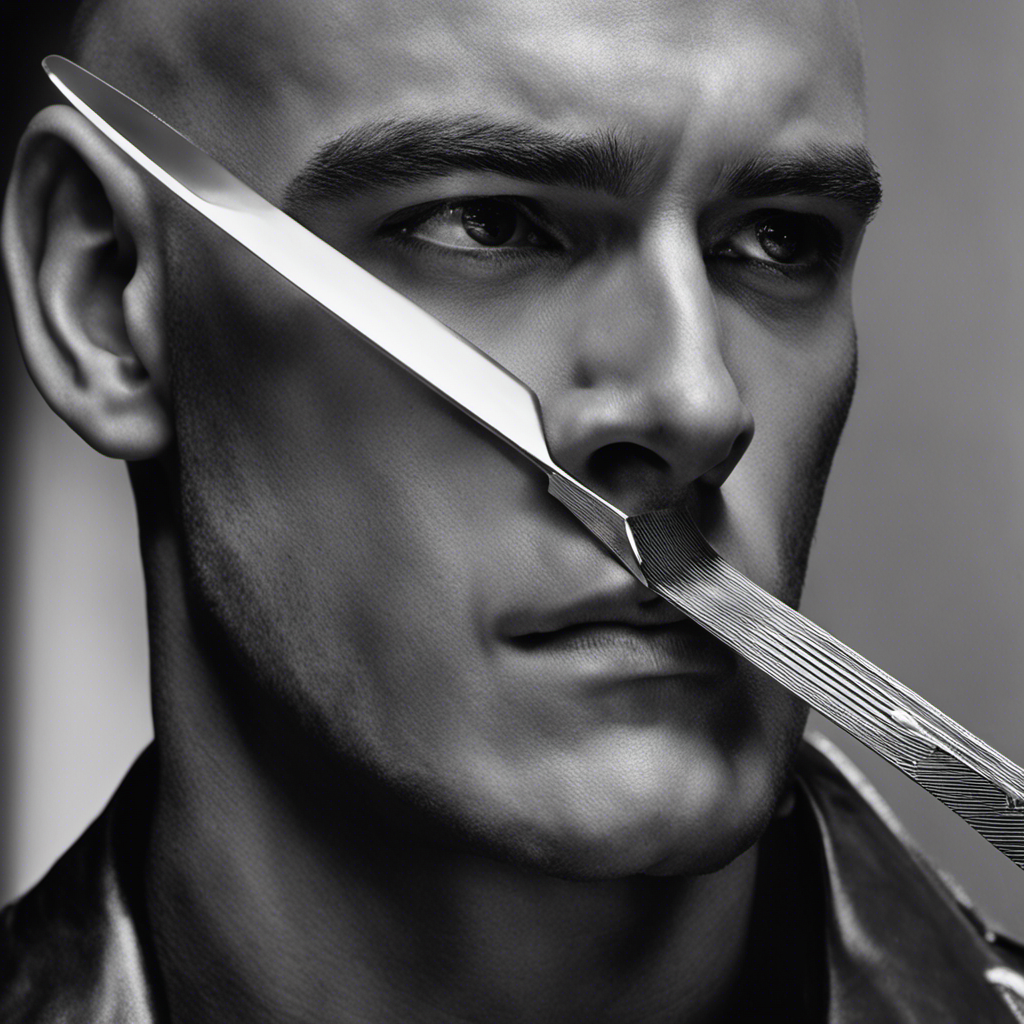 An image of a close-up shot capturing the glistening razor blade gliding across the pale, pristine scalp of Lynall Luthor, his expression revealing a blend of determination and vulnerability, inviting curiosity about his reasons for shaving his head