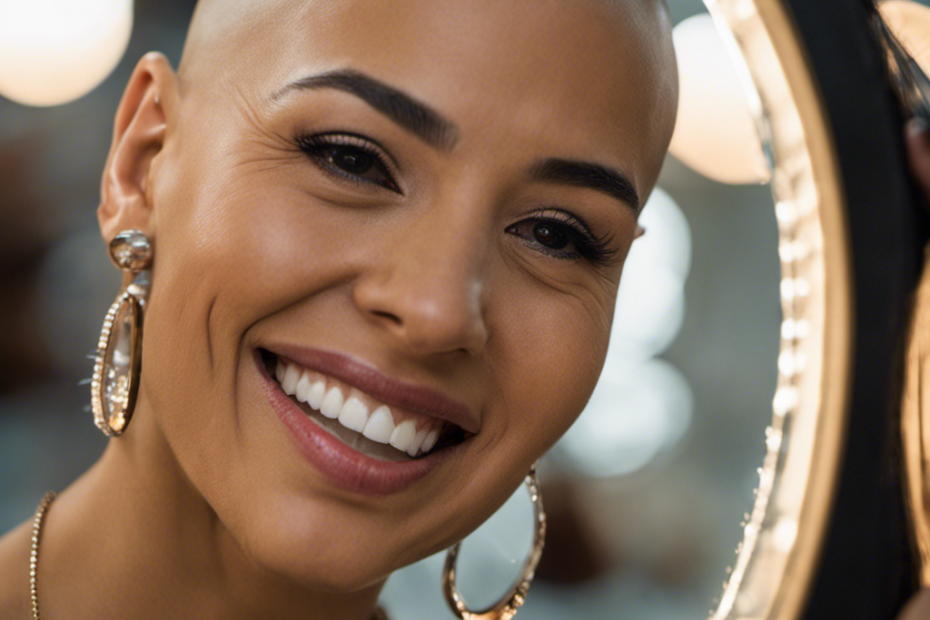 a close-up shot of Maria Torres, her radiant smile contrasting against her freshly shaved head