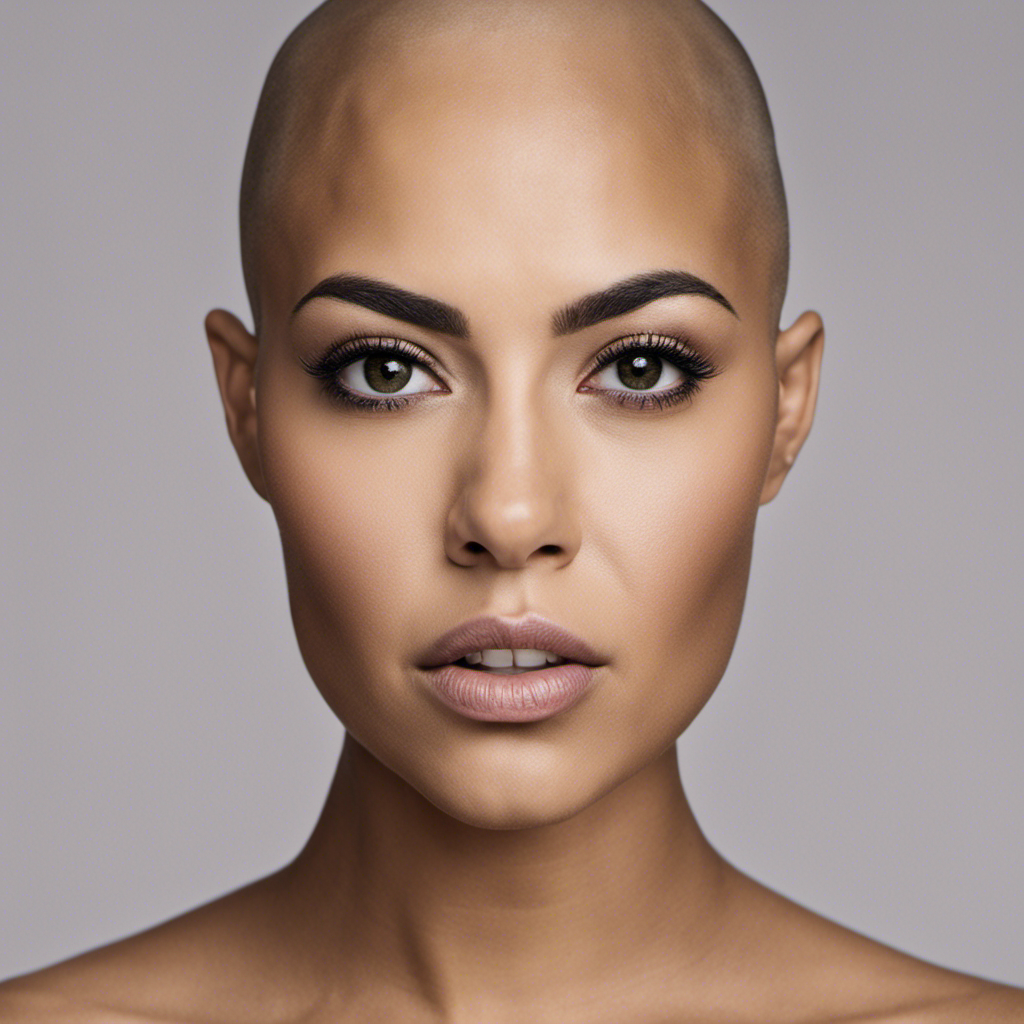 An image illustrating Mariah Torres' courageous decision to shave her head in 2015, capturing the transformative journey with a close-up shot of her expressive face, framed by her newly bald head and a hint of vulnerability in her eyes