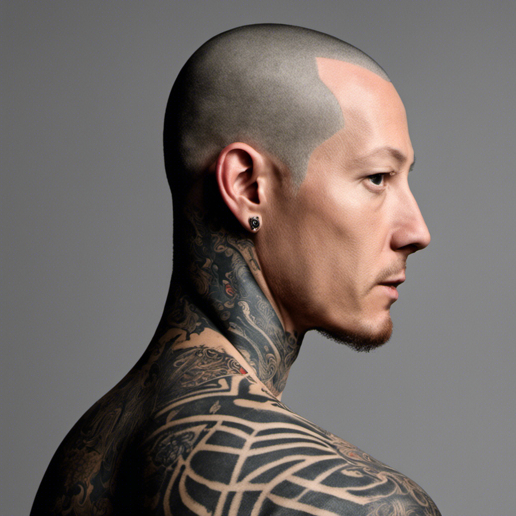 An image showcasing a close-up of Matt Heafy's freshly shaven head, emphasizing the smoothness of his scalp and the intricacy of his newly exposed tattoos, inviting readers to explore the reasons behind this bold transformation