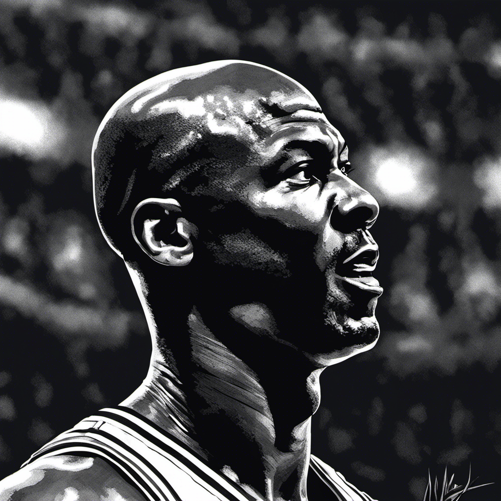 An image depicting a gleaming razor blade gliding across Michael Jordan's scalp, capturing the intense focus in his eyes, the determination etched on his face, and the newly revealed smoothness of his shaved head