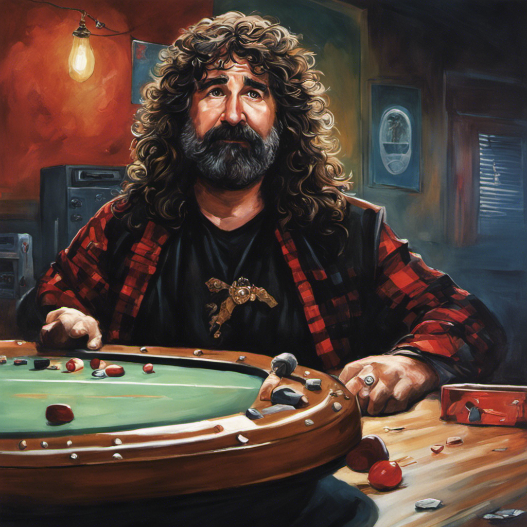 Depict an image capturing Mick Foley's transformative moment in 2017, as he sits in a dimly lit room, razor in hand, his iconic shaggy hair falling to the ground, revealing a newfound sense of empowerment and vulnerability