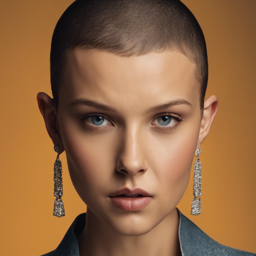 Depict Millie Bobby Brown's transformation by capturing a close-up shot of her radiant face, framed by her newly shaved head, revealing her fierce determination and courage to embrace change