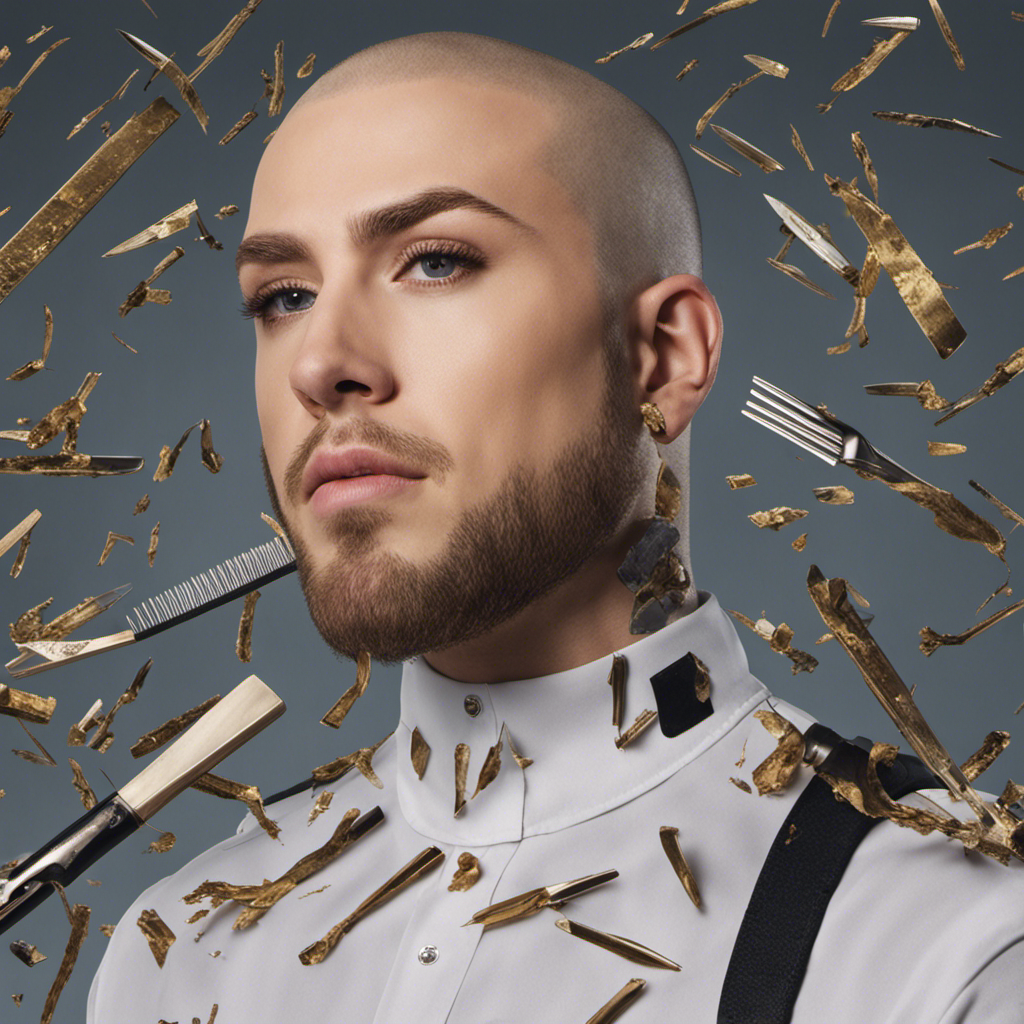 An image showcasing Mitch from Pentatonix, hair clippings scattered around him, a razor in his hand, reflecting a mix of apprehension and determination, leaving viewers intrigued about the reason behind his newly shaved head