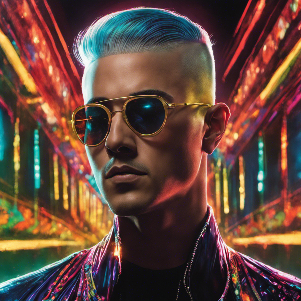 An image showcasing an enigmatic Mitch Grassi, his smooth scalp glistening under vibrant stage lights