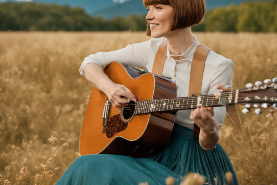 An image showcasing Molly Tuttle's transformation: her radiant smile, her newly shaved head gleaming in the sunlight, while confidently strumming her guitar, capturing the empowering essence of her decision
