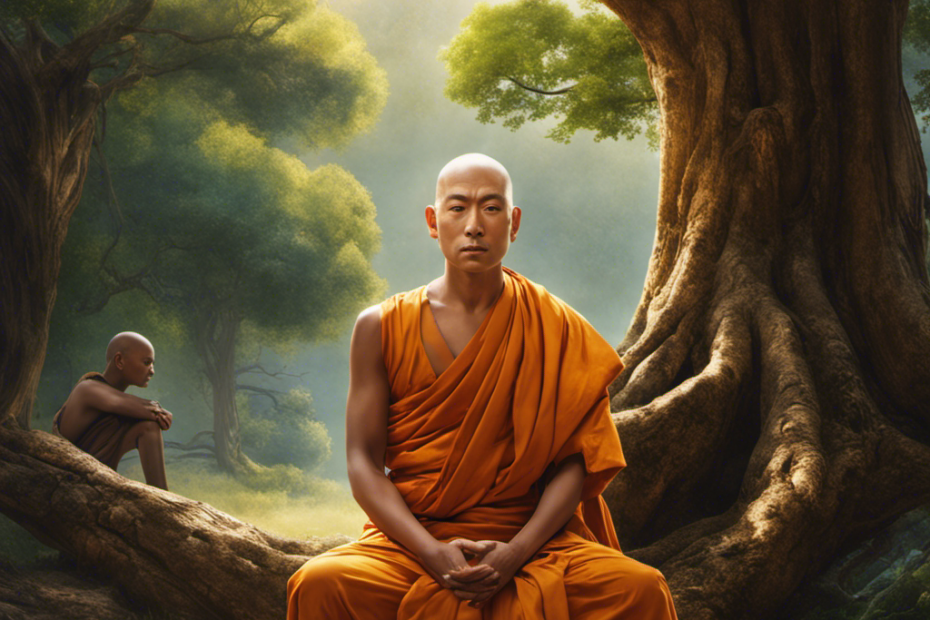 An image of a serene monk seated cross-legged beneath a towering ancient tree, his shaven head glistening in the soft sunlight