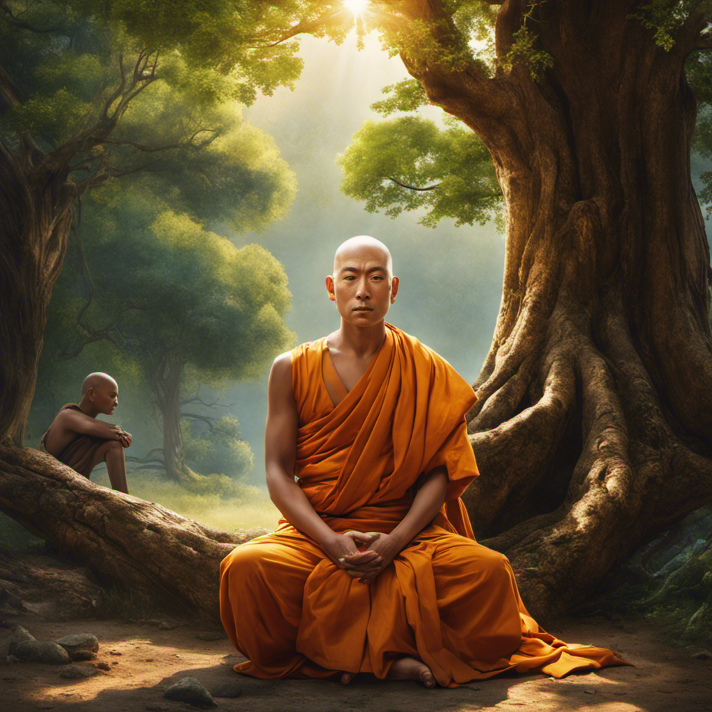 An image of a serene monk seated cross-legged beneath a towering ancient tree, his shaven head glistening in the soft sunlight