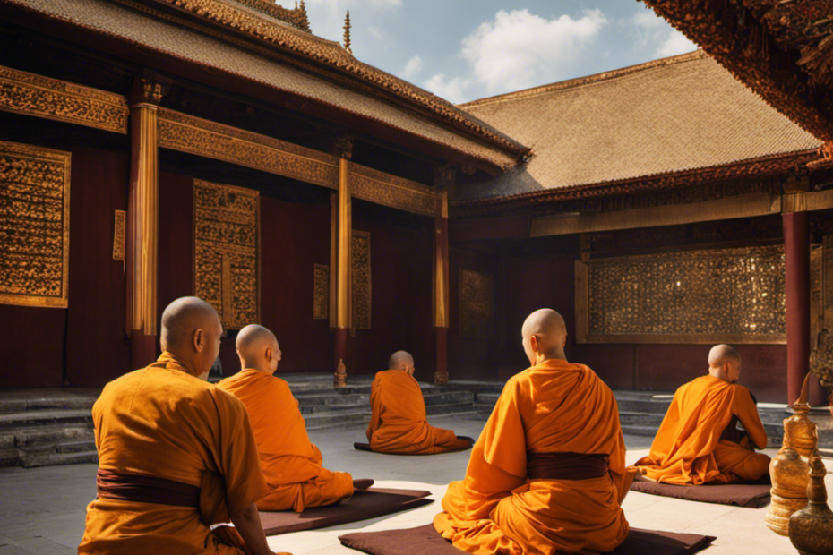 An image depicting a serene monastery courtyard, where a bald monk sits cross-legged, his shaven head glistening under the golden sun
