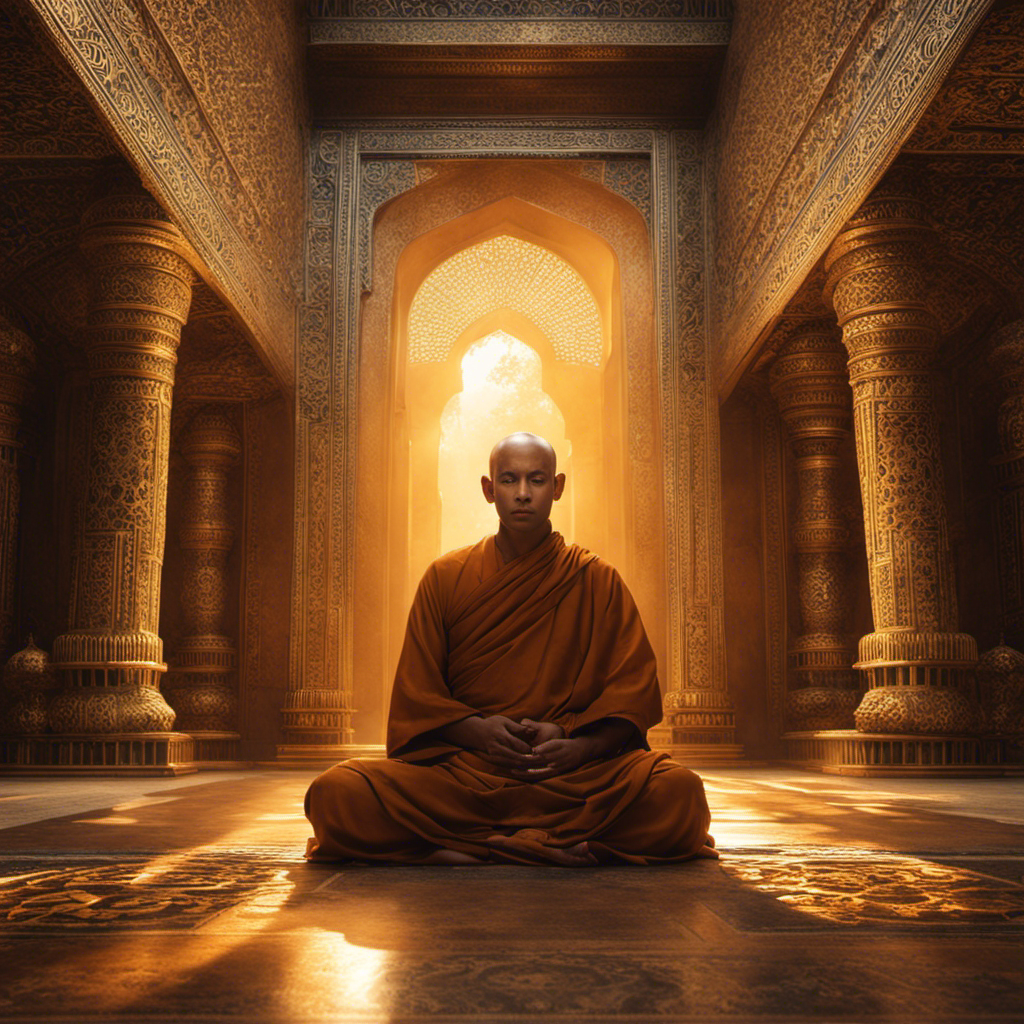 An image capturing a serene monk, seated cross-legged in an ornate temple, gazing upwards, as golden sunlight illuminates the room, revealing the intricate patterns shaved into the top of his head