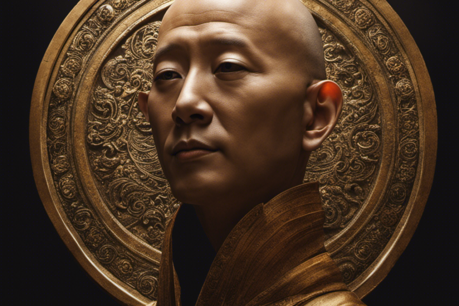 An image featuring a close-up of a bald monk's head, glistening under the sunlight, revealing a meticulously shaved crown surrounded by a circle of remaining hair, symbolizing the intriguing significance behind their unique hairstyle