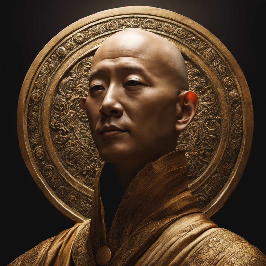An image featuring a close-up of a bald monk's head, glistening under the sunlight, revealing a meticulously shaved crown surrounded by a circle of remaining hair, symbolizing the intriguing significance behind their unique hairstyle