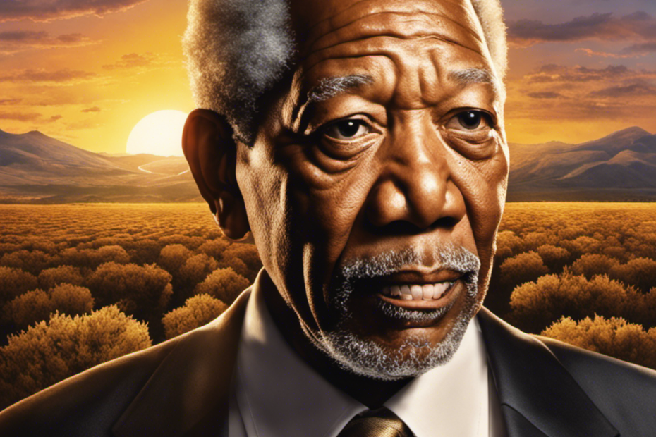 An eye-catching image featuring Morgan Freeman, with his smooth, bald head glistening under a golden sunset as he confidently runs his hand across it, evoking curiosity about the reason behind his decision