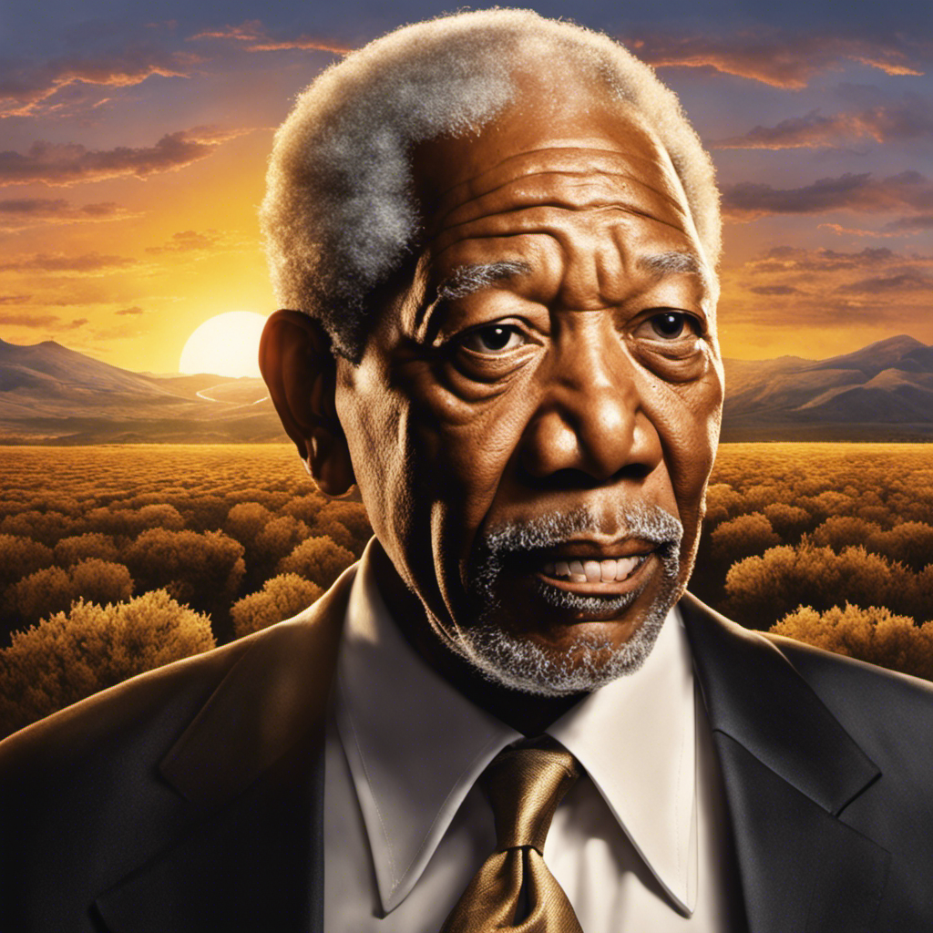 An eye-catching image featuring Morgan Freeman, with his smooth, bald head glistening under a golden sunset as he confidently runs his hand across it, evoking curiosity about the reason behind his decision