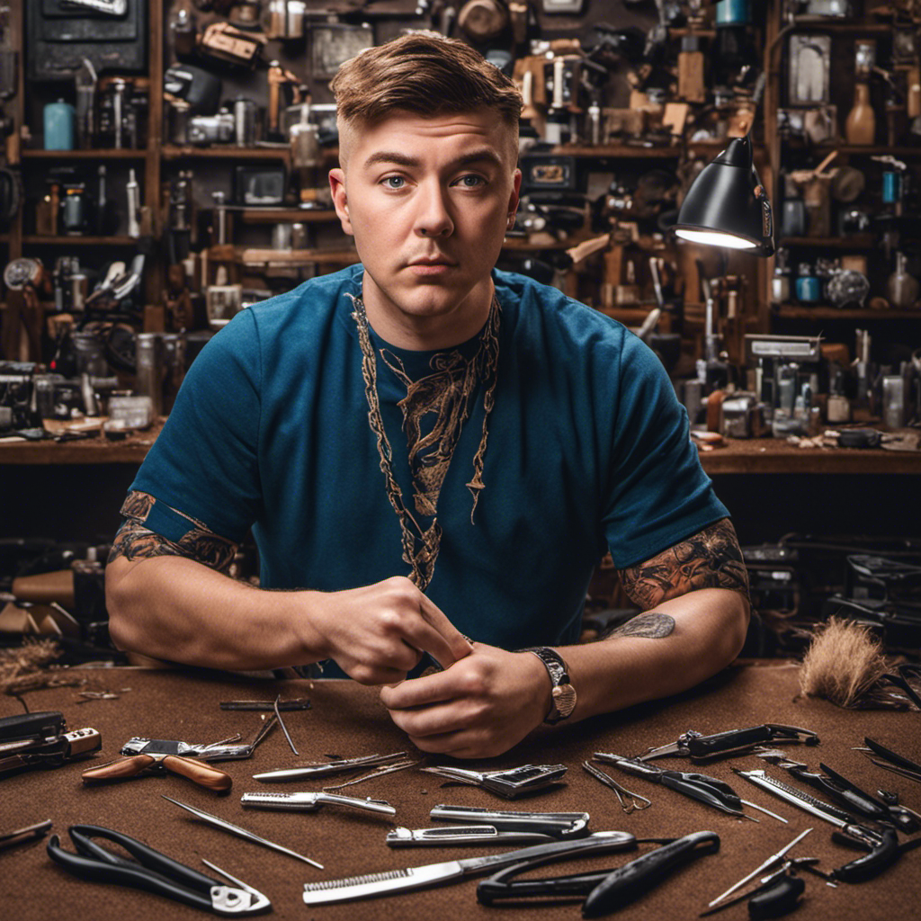 An image featuring MrBeast confidently holding a razor, reflecting determination and curiosity, surrounded by scattered locks of hair on the ground