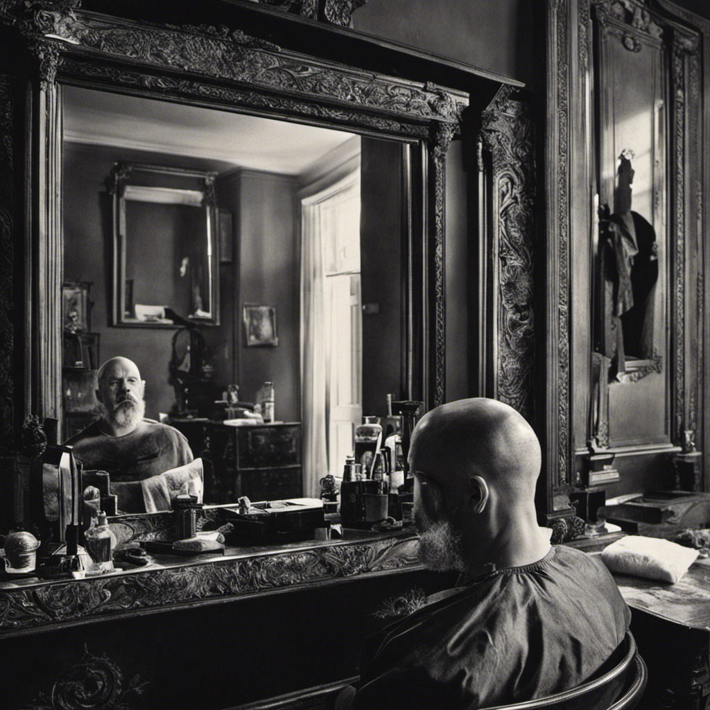 An image capturing the enigmatic act of Murdaugh shaving his head: In the foreground, a gleaming razor hovers above a mirror reflecting his determined gaze, while discarded locks of hair lay scattered on the floor, hinting at a hidden story