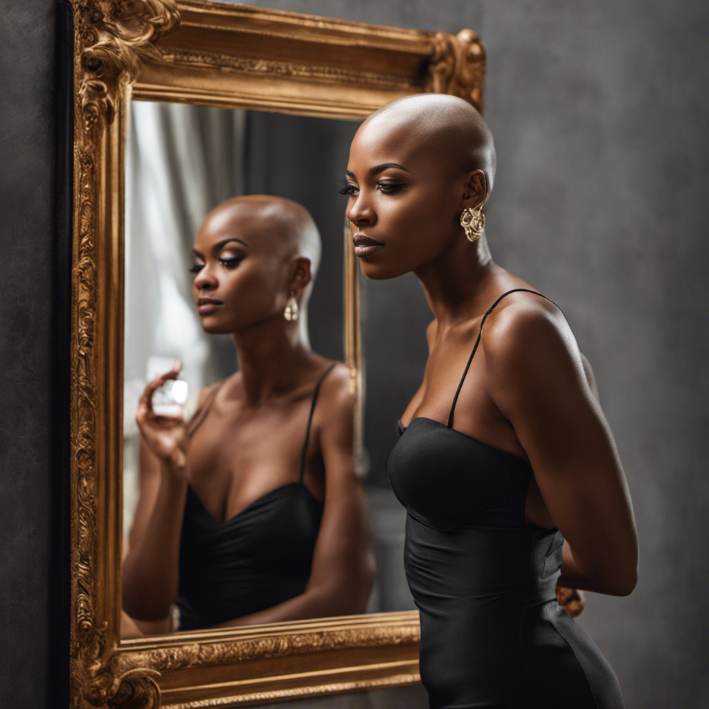 An image featuring a confident black woman with a freshly shaved head, standing in front of a mirror
