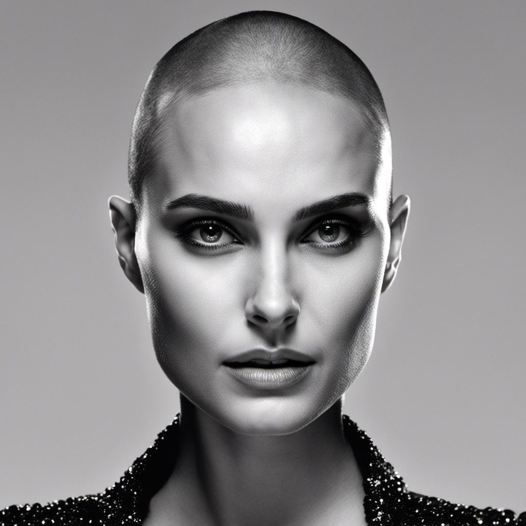 A captivating image showcasing Natalie Portman's bold transformation: a close-up of her radiant face, perfectly smooth and bare, as her hands gently touch her freshly shaved head, her eyes reflecting determination and courage