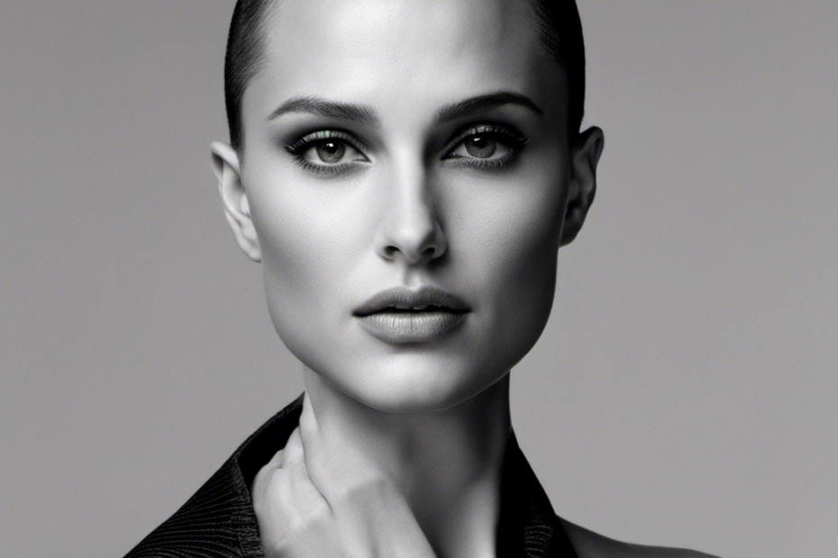 An image capturing Natalie Portman's transformation: a close-up of her radiant face, framed by her smooth, shaved head, emphasizing her bold and empowering decision