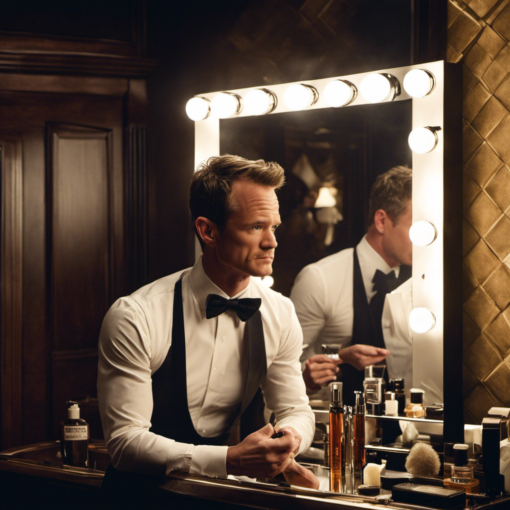 An image with Neil Patrick Harris standing in front of a mirror, his razor in hand, as he confidently shaves off his thick, dark hair