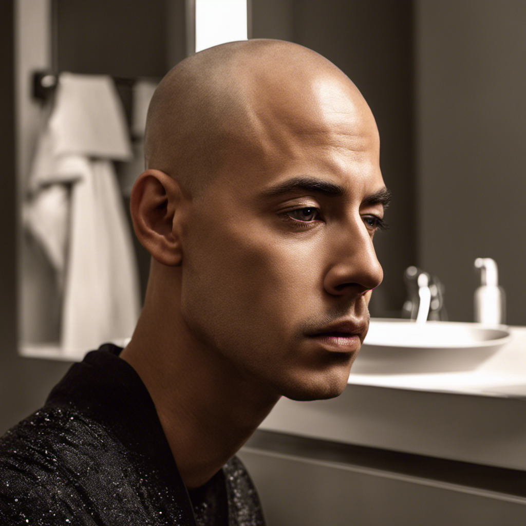 An image capturing Paolo's transformation: a mirror reflection revealing his freshly shaven head, glistening under the warm sunlight, while his discarded hair lies scattered on the bathroom floor