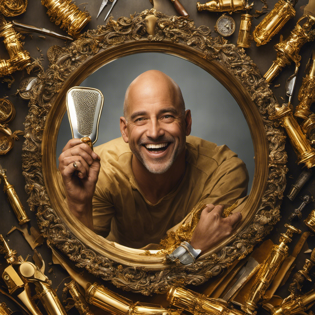 An image capturing the essence of curiosity and transformation, depicting a mirror reflecting Paul Bissonnette's beaming smile as he holds a razor, surrounded by a pile of golden locks, symbolizing his decision to shave his head