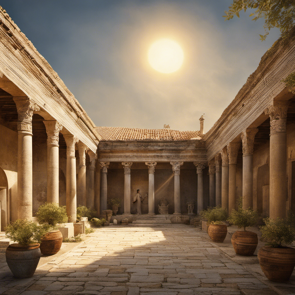 An image capturing a sun-soaked courtyard in ancient Antioch, where Paul, standing among curious onlookers, raises a gleaming razor to his head, symbolizing his transformation and newfound devotion
