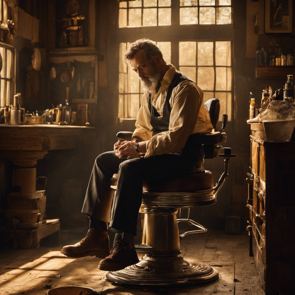 An image capturing Paul's transformation in Cenchrea: A man, bathed in golden sunlight, sits on a rugged stool as a barber's razor glides across his head, leaving behind a trail of discarded hair