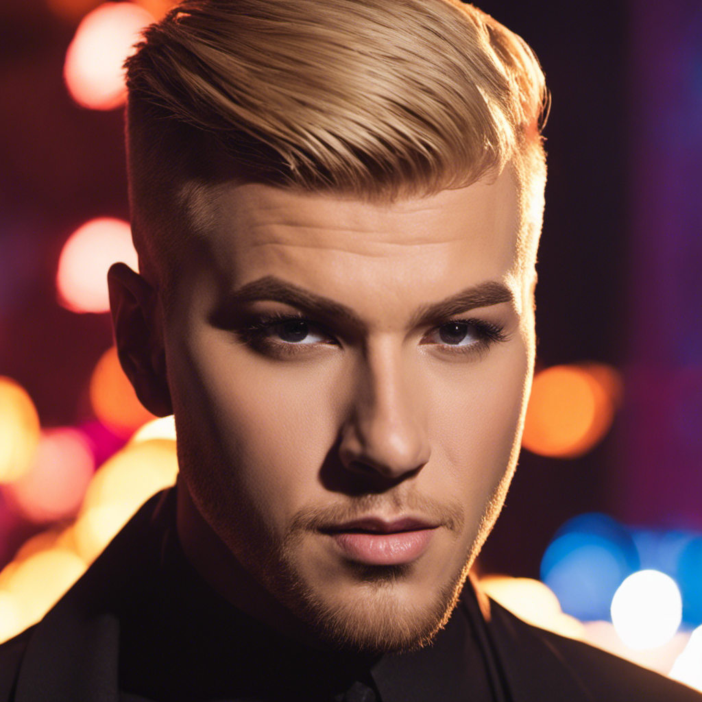 An image showcasing a close-up of a Pentatonix member's transformed appearance: their freshly shaved head glistening under the bright stage lights, revealing newfound confidence and highlighting their unique facial features