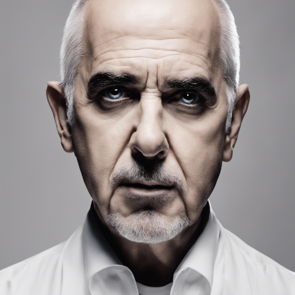 An image showcasing Peter Gabriel's enigmatic transformation: a close-up shot capturing the mesmerizing sight of the center of his head, now meticulously shaved, revealing a smooth expanse contrasting with his surrounding hair