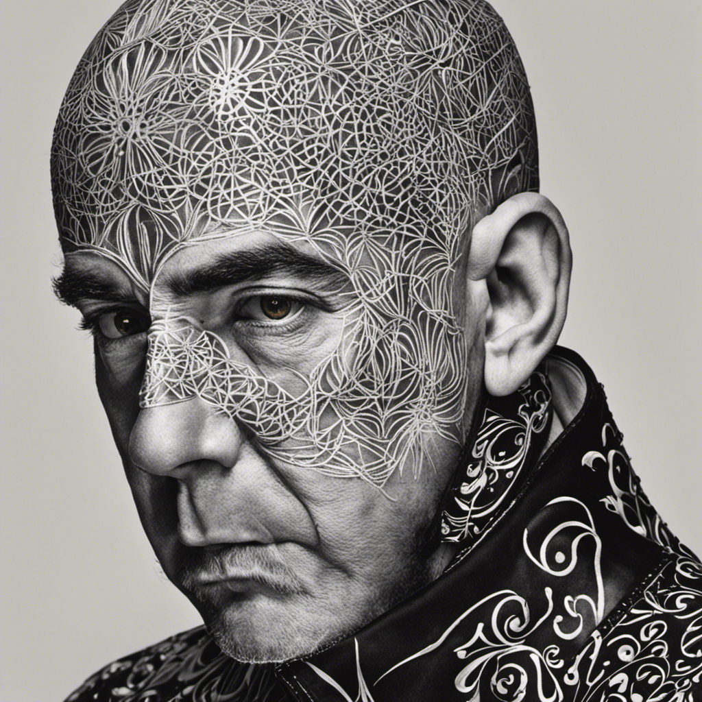 An image that captures Peter Gabriel's enigmatic transformation: a close-up of his smooth, bald forehead, adorned with intricate patterns of shaved lines, reflecting his artistic spirit and leaving viewers pondering why he embraced this unique hairstyle
