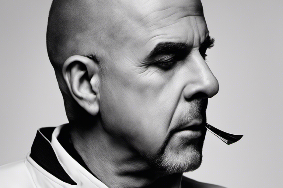 An image showcasing Peter Gabriel's iconic transformation: an enigmatic side-profile shot capturing the precise moment his razor glides across the top of his head, leaving behind a smooth, shining bald patch
