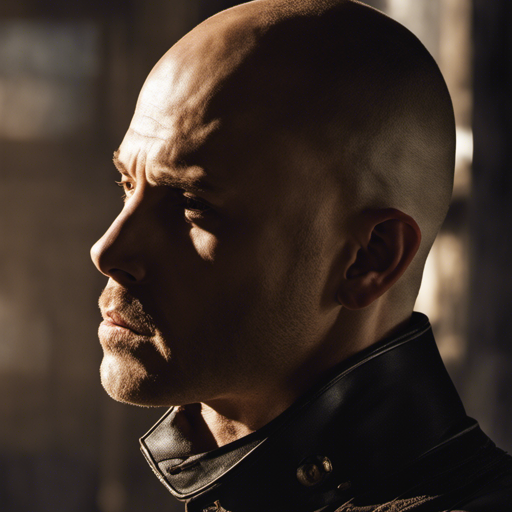 An image capturing a close-up of Porter from Ghost Asylum, his strong jawline highlighted against the smooth sheen of his freshly shaved head, the razor glinting in the sunlight, leaving viewers wondering why