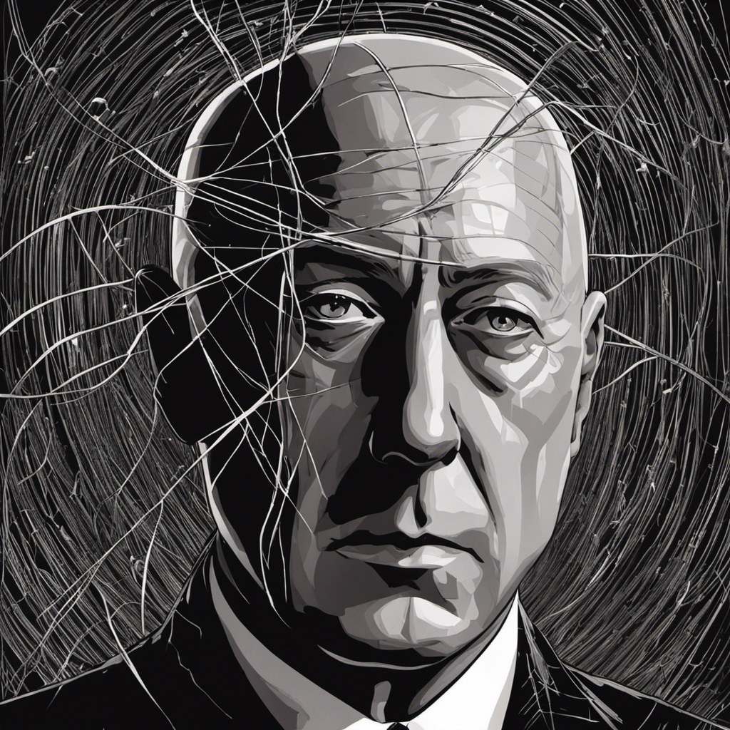 Create an image capturing the enigma surrounding Raymond Reddington's decision to shave his head, showcasing the stark contrast between his smooth, glistening scalp and the remnants of his mysterious past represented by discarded strands of hair