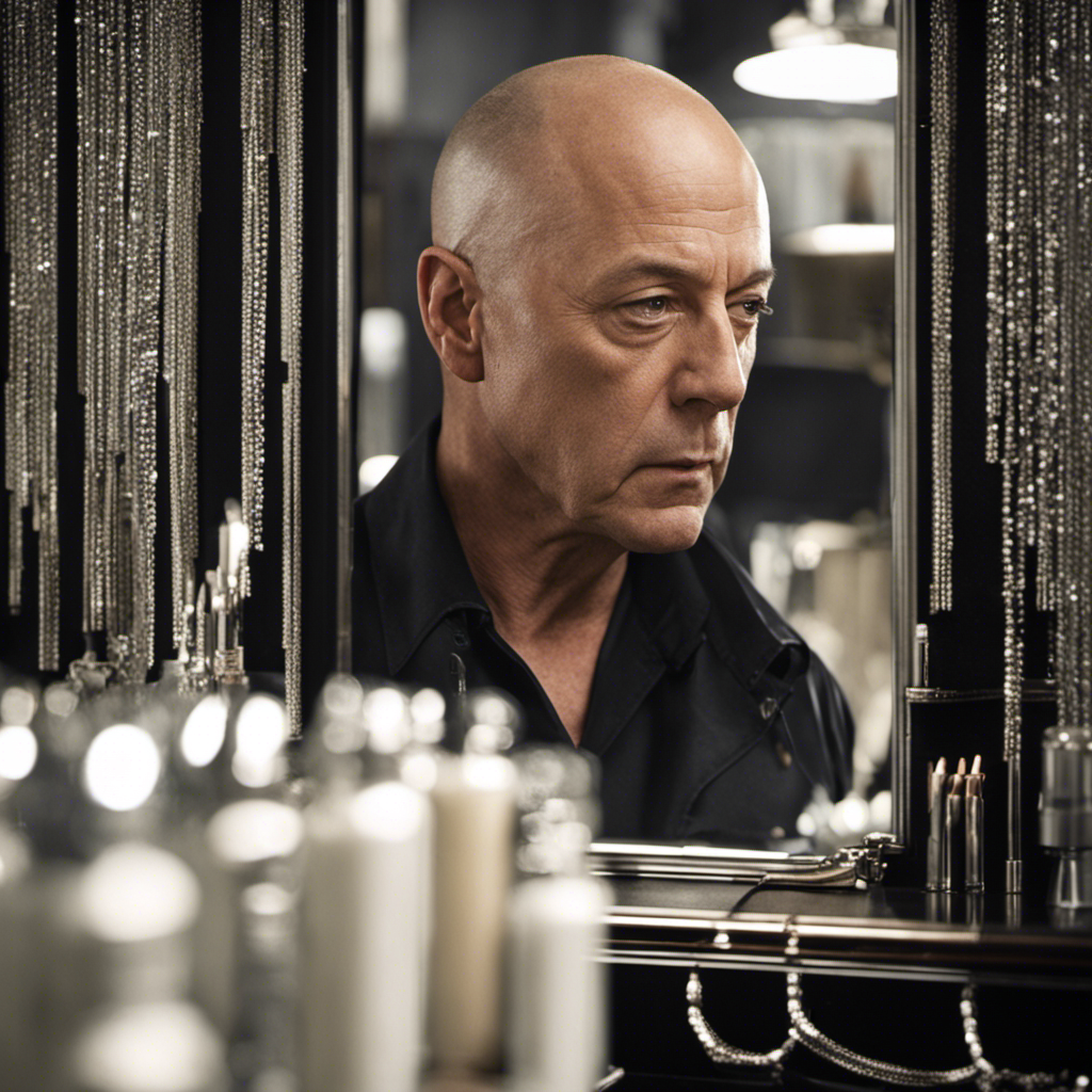 An image showcasing Reddington's reflection in a gleaming razor, surrounded by discarded strands of his iconic salt-and-pepper hair, as he contemplates his newly shaved head