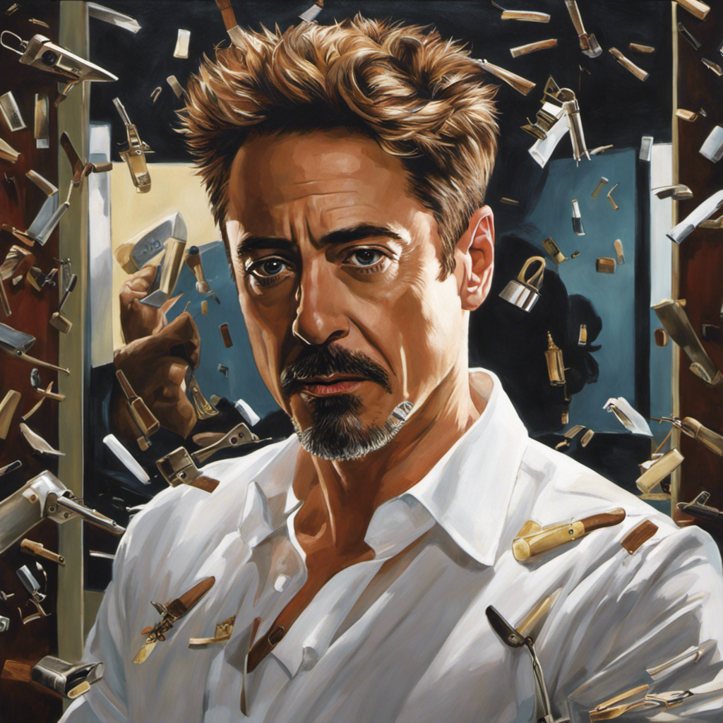 An image that captures Robert Downey's transformation: the reflection of his smooth bald head in a gleaming razor, surrounded by scattered locks of discarded hair, symbolizing his bold decision to shave it all off