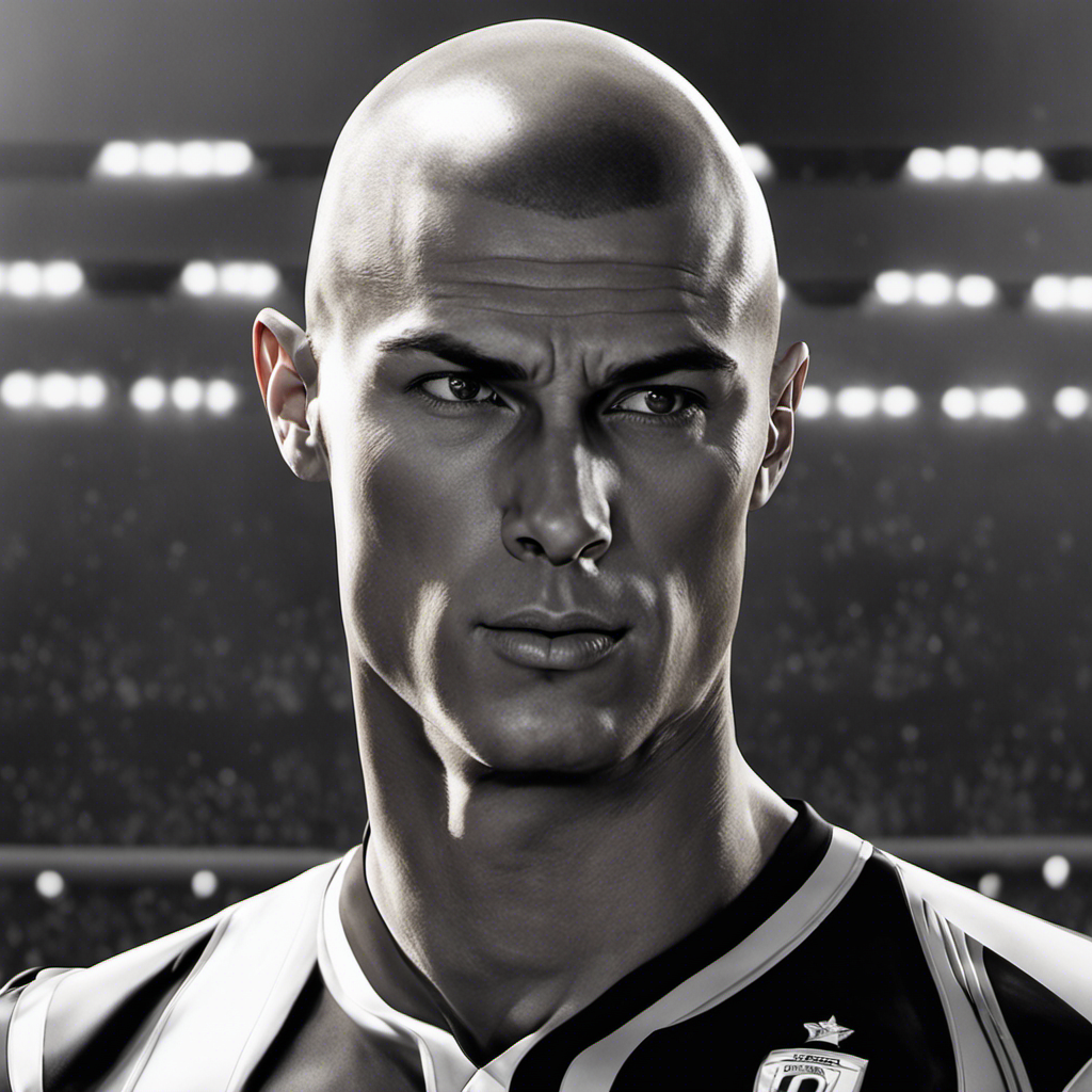 An image depicting a close-up shot of Cristiano Ronaldo's newly shaved head, emphasizing the smoothness and glossy texture of his scalp, while capturing the reflection of light on its contours