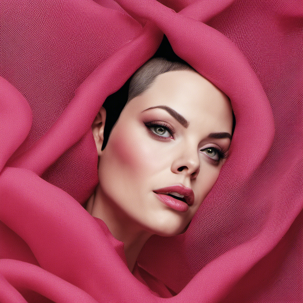 An image capturing the enigmatic essence of Rose McGowan's decision to shave her head: a close-up shot showcasing her fearless eyes, framed by her newly-bared scalp, while delicate strands of hair linger in mid-air
