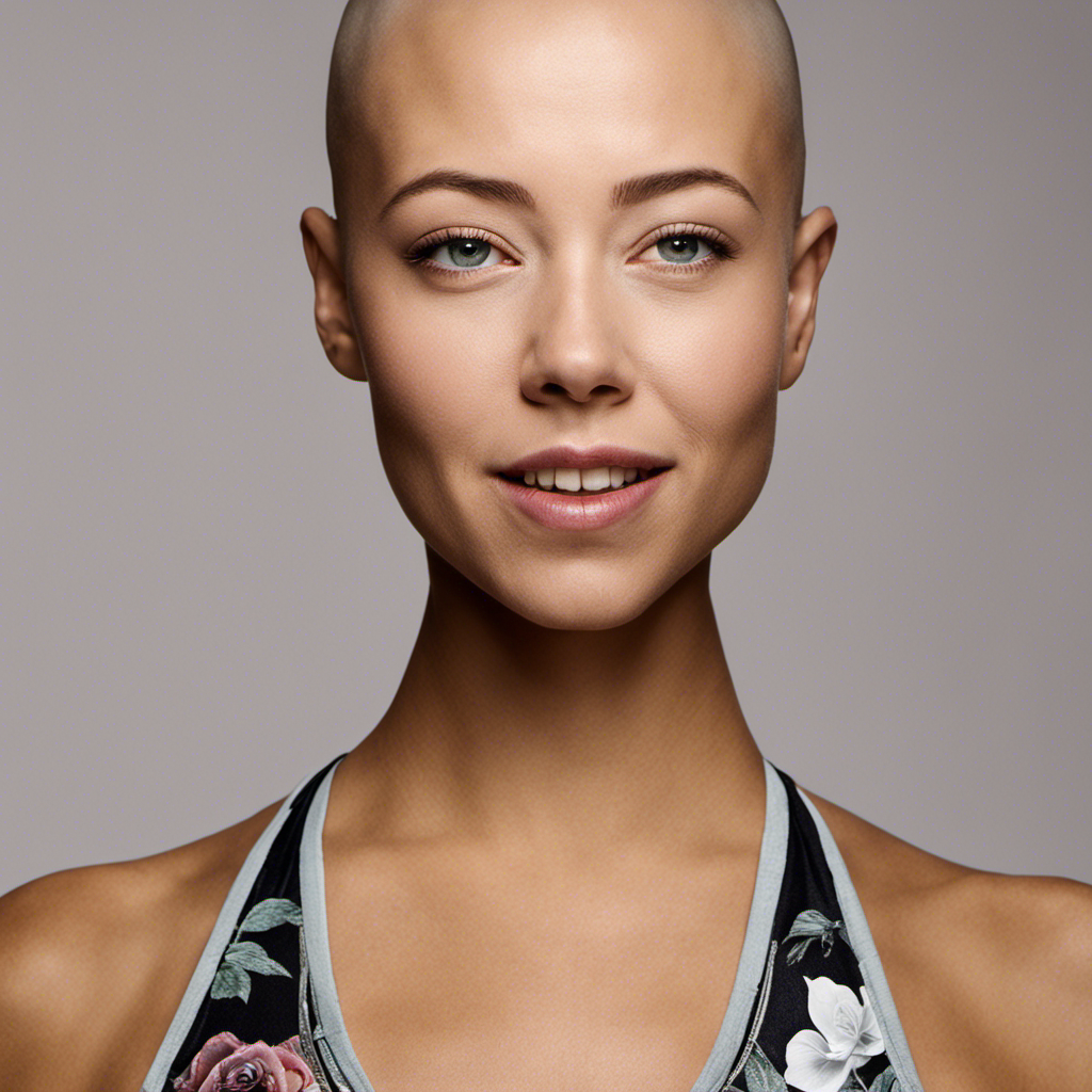 An image capturing Rose Namajunas, her radiant smile contrasting against her newly shaven head