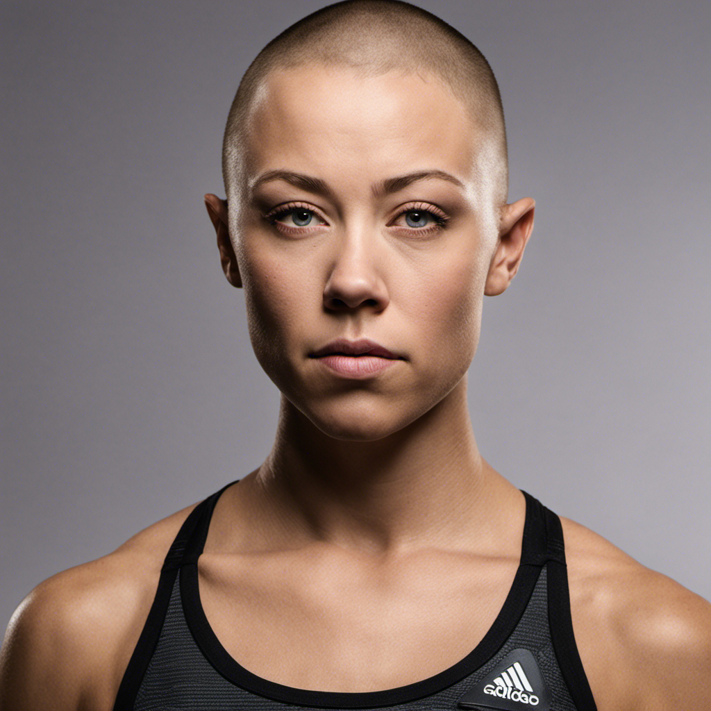 an intriguing image that showcases Rose Namajunas: a determined athlete with a shaved head